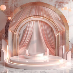 Elegant pink stage with drapes and circular steps, bathed in soft light. - obrazy, fototapety, plakaty