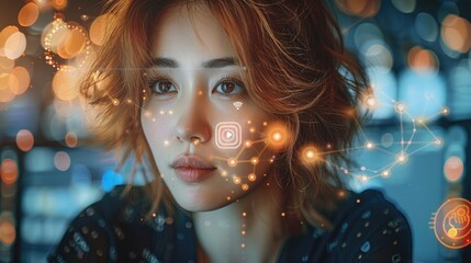Young Woman Exploring Advanced Digital Interface, Woman gazes intently at futuristic digital graphics, symbolizing advanced technology interaction.