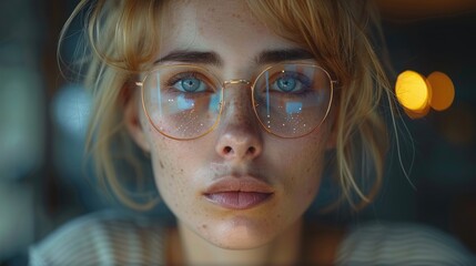 Close-up of woman with glasses looking at a complex display, reflecting the convergence of technology and perception.