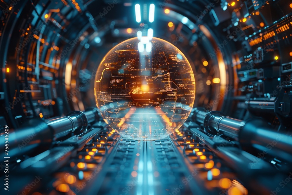 Poster advanced sphere representing global connections inside a futuristic technological tunnel