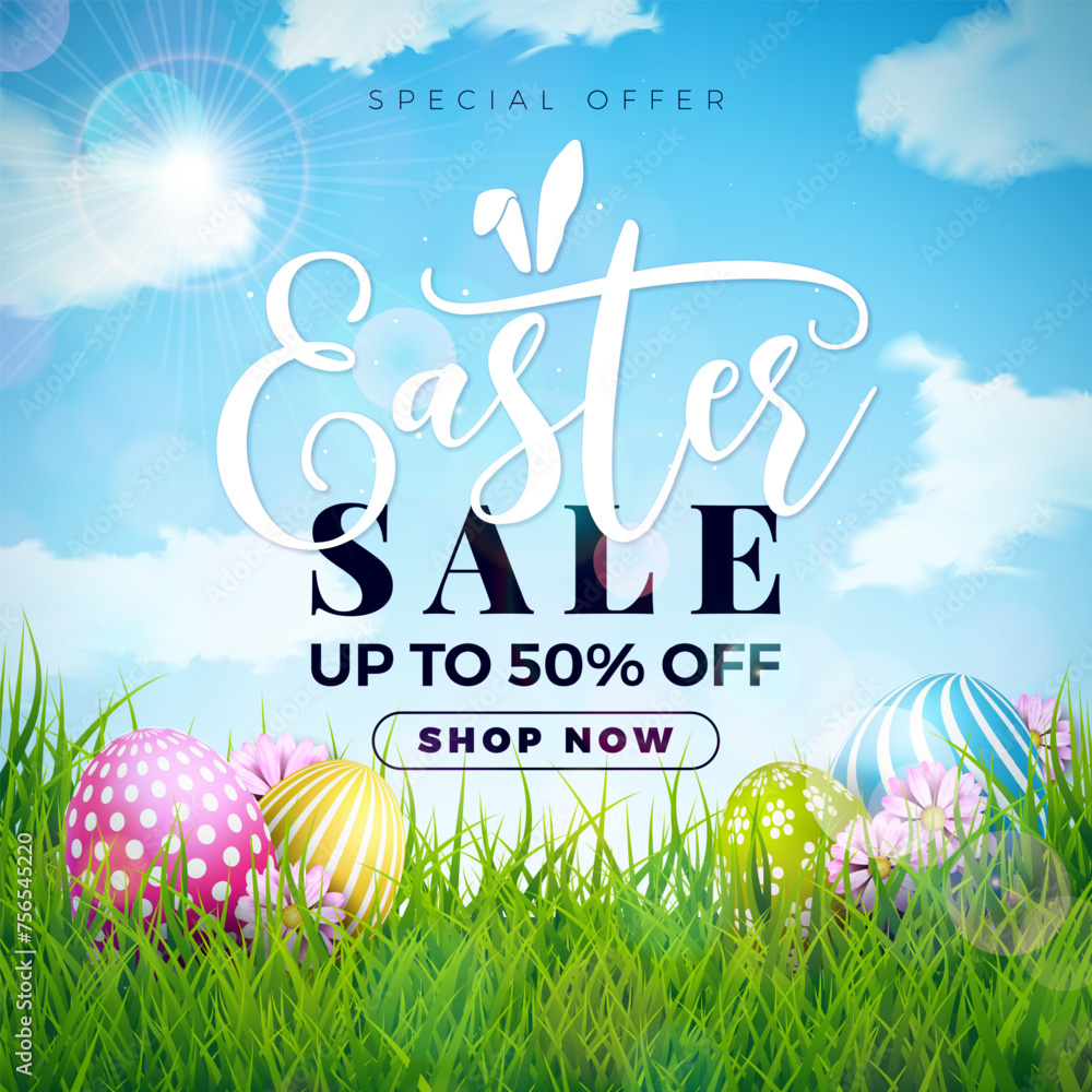 Wall mural easter sale illustration with colorful painted egg, spring flower and green grass on blue cloudy sky