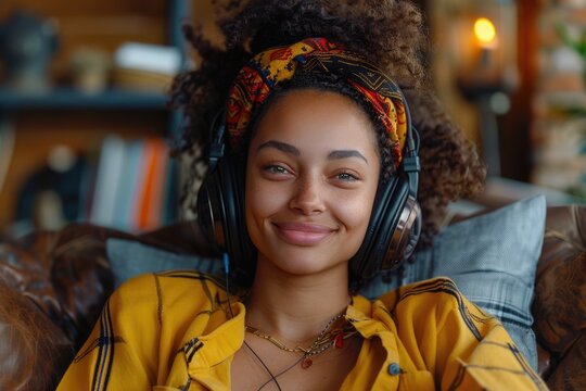 Relaxed young woman with curly hair wearing headphones, peacefully enjoying music in a comfortable home atmosphere.