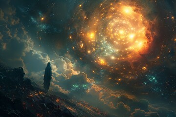 A lone figure stands before a mesmerizing spiral galaxy surrounded by stars, evoking the scale of human existence in the cosmos - obrazy, fototapety, plakaty