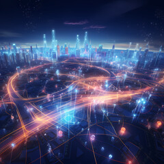 Holographic city map with futuristic transportations
