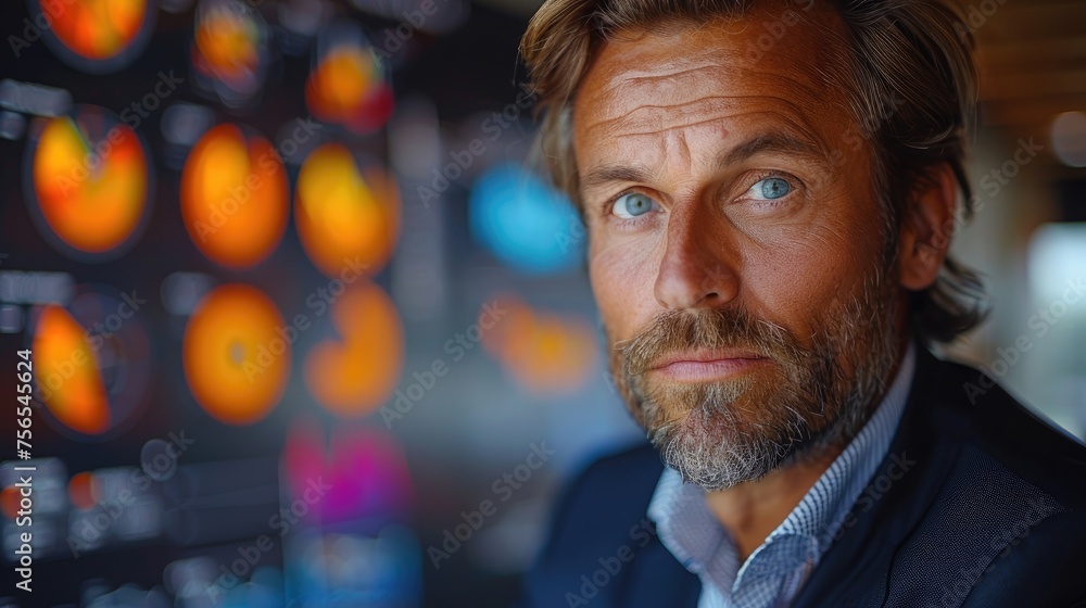 Poster confident businessman with analytics display in background