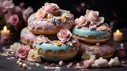Obraz na płótnie Canvas whimsical heavily decorated pile donuts in pastell colors with icing, flowers and pearls. Dramatic lighting, dark background
