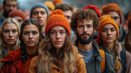 Intense young adults in a crowd with a woman in an orange beanie centered