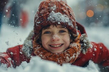 A young child with blue eyes smiles, covered in snowflakes, showing pure joy and the essence of winter