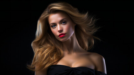 Fototapeta premium Fashion Portrait on a Dark Background. Beautiful Woman Posing on Black