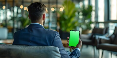 A businessman sitting with phone showing green screen in hand rear view . Concept Business, Phone Screen, Green Screen, Rear View, Sitting