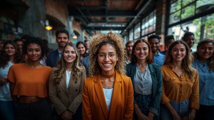 Smiling woman with glasses standing confidently in front of a diverse and happy team