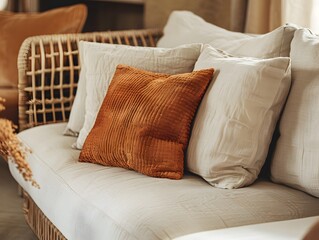 Close-up of Beige Fabric Sofa Adorned with Terra Cotta Pillows in Modern Living Room Interior Design