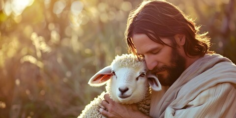 Jesus Christ Tenderly Holding a Lamb with a Sense of Protection and Care, with Copy Space - obrazy, fototapety, plakaty