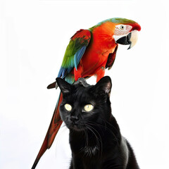 A parrot sits on a cat's head on a white background
