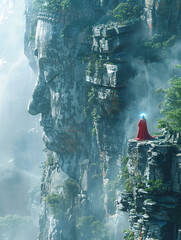  A colossal stone face carved into a cliff with a figure in red overlooking a forest.