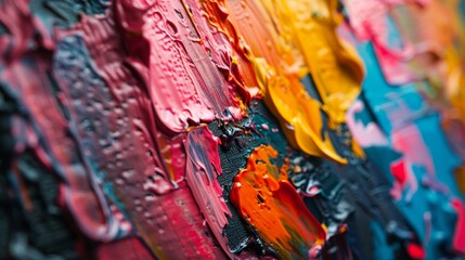 A dynamic and colorful canvas showcases vibrant strokes of oil paint in a variety of textures and layers, highlighting the motion in abstract art.