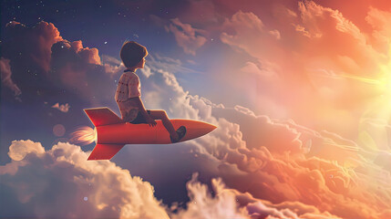 Little boy flies through the sky while sitting on a rocket
