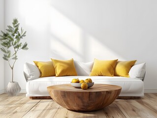 Round Coffee Table Accompanying White Sofa with Yellow Pillows in Modern Farmhouse Living Room Interior Design