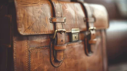 Poster This image features a close-up of a vintage leather briefcase, highlighting its rich texture, detailed stitching, and timeless buckle closures. © Sodapeaw