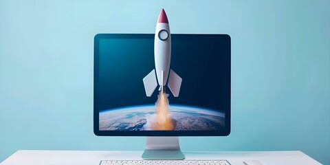 Computer screen shows rocket representing startup concept with blue background. Concept Startups, Rocket Launch, Innovation, Technology, Business Growth