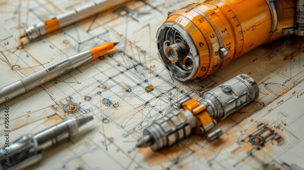 Poster technical drafting tools atop complex engineering blueprints, symbolizing precision and design.