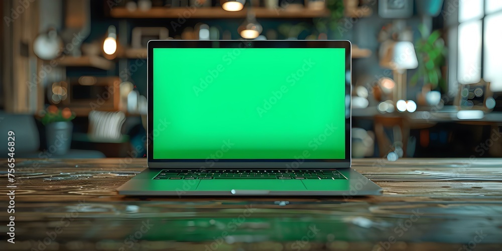 Aufkleber an open laptop displaying a customizable green screen on a wooden table . concept technology, custom