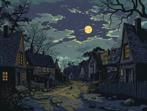 A desolate village cursed to eternal night where inhabitants whisper tales of eldritch horrors lurking beyond sight