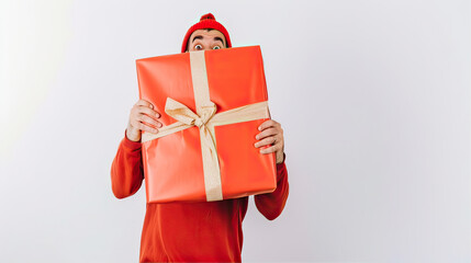 A man holds a huge gift in his hands
