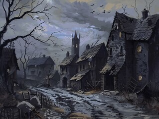 A desolate village cursed to eternal night where inhabitants whisper tales of eldritch horrors lurking beyond sight