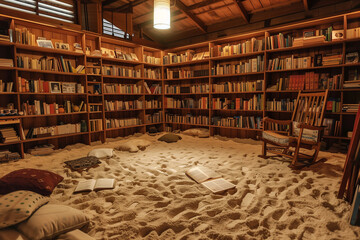 A Room Full of Books and Sand A Unique Reading Experience - obrazy, fototapety, plakaty