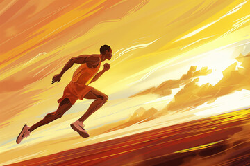Fototapeta na wymiar Athletes at summer Olympic games, colorful illustration. Professional runner running sprint at track, sports championship. 
