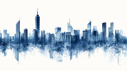 A vivid blue watercolor cityscape, artfully splashed across the canvas, creating an abstract urban skyline.