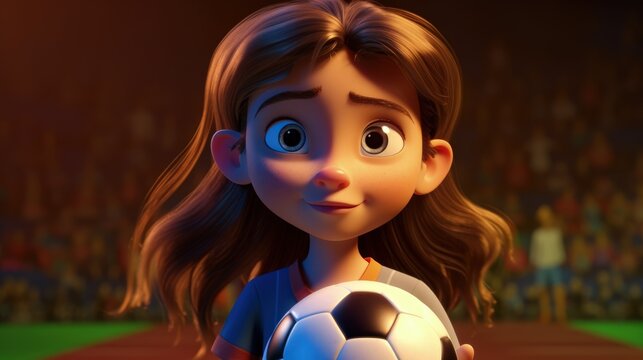 Girl soccer player, child football player, avatar, cartoon character, 3D style girl holding a ball in her hands