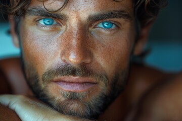 Obraz premium Close-up high-definition image of a man with intense blue eyes and freckles, emphasizing natural beauty and detail