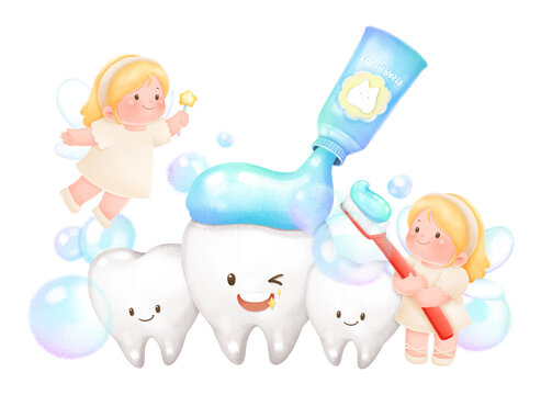 Cute Watercolor tooth fairy brushing