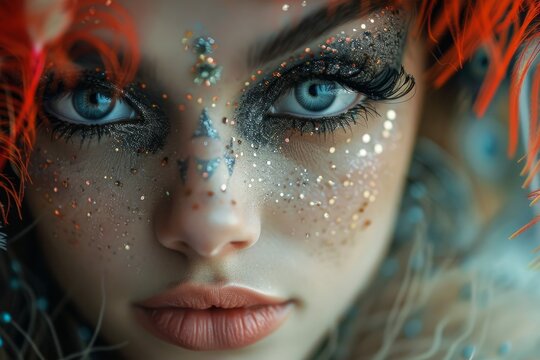Detailed image capturing a woman’s face with sparkling makeup and striking blue eyes