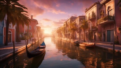 city at sunset highly intricately detailed photograph of    Summer trip canal moliceiro boat gondola  