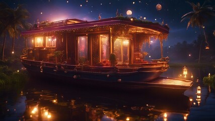 night view highly intricately detailed photograph of    House boat in kerala back waters   