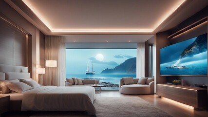modern bed room highly intricately detailed photograph of    Beautiful beach with sailing boat yacht    in the widow  - obrazy, fototapety, plakaty