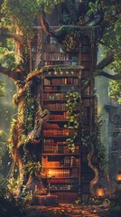 A legendary library hidden within an ancient tree guarded by mythological hybrids filled with scrolls of forgotten lore