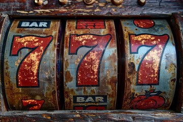 Vintage slot machine with aged patina and classic triple seven jackpot showcasing an old-fashioned style