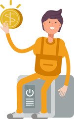 Service Man Character Sitting on Safe and Holding Dollar Coin

