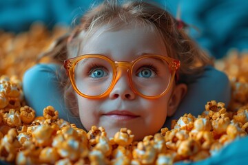 Adorable young girl wearing glasses and surrounded by popcorn looking up