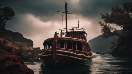 boat at sunset A scary canal boat with a dead tree in a sea   with storms, rocks,  