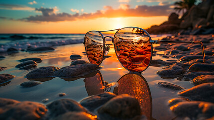 sunglasses on the evening beach at sunset