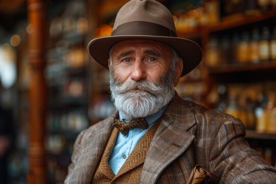 Elegant elderly man with a bow tie and hat making eye contact in a shop setting - Powered by Adobe