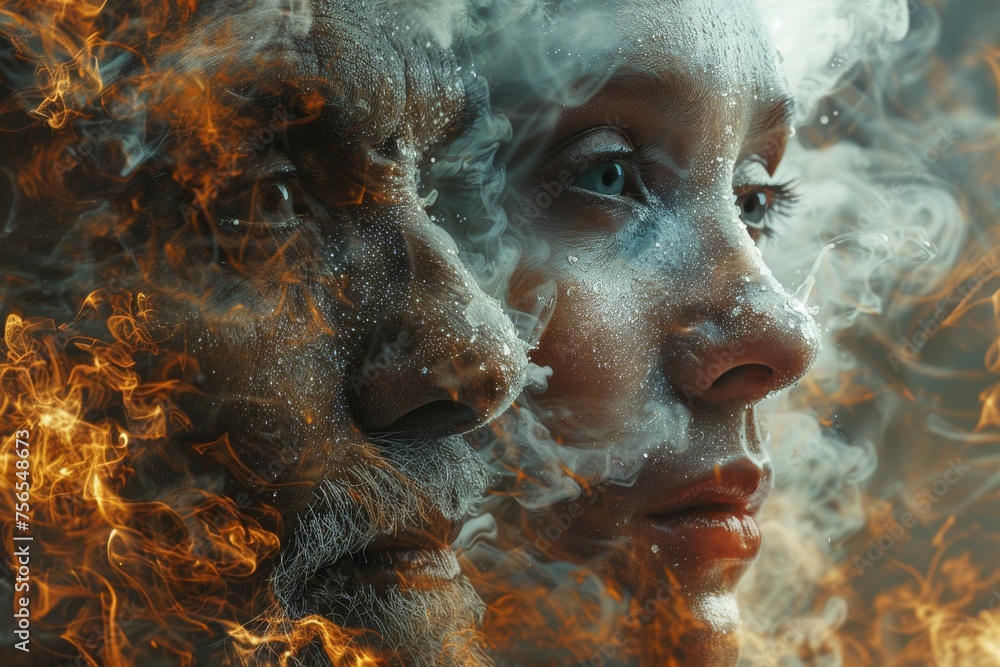 Poster a mystical image with vibrant orange and blue smoke creating an ethereal and dynamic atmosphere arou