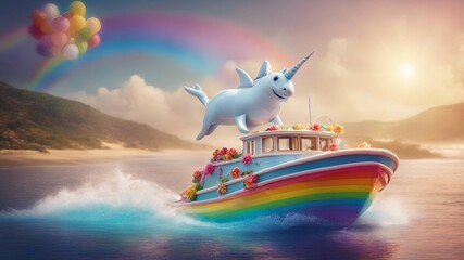 A fantasy motor boat with colorful navigation, floating on a rainbow sea under a sunny sky. towing a unicorn balloon