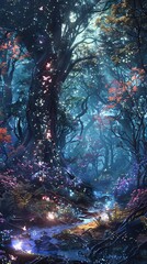 A mystical forest where enchanted flora emit a soft bioluminescent glow surrounded by curious elemental spirits