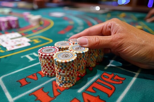 A person's hand carefully moving poker chips on a green casino gaming table, depicting anticipation